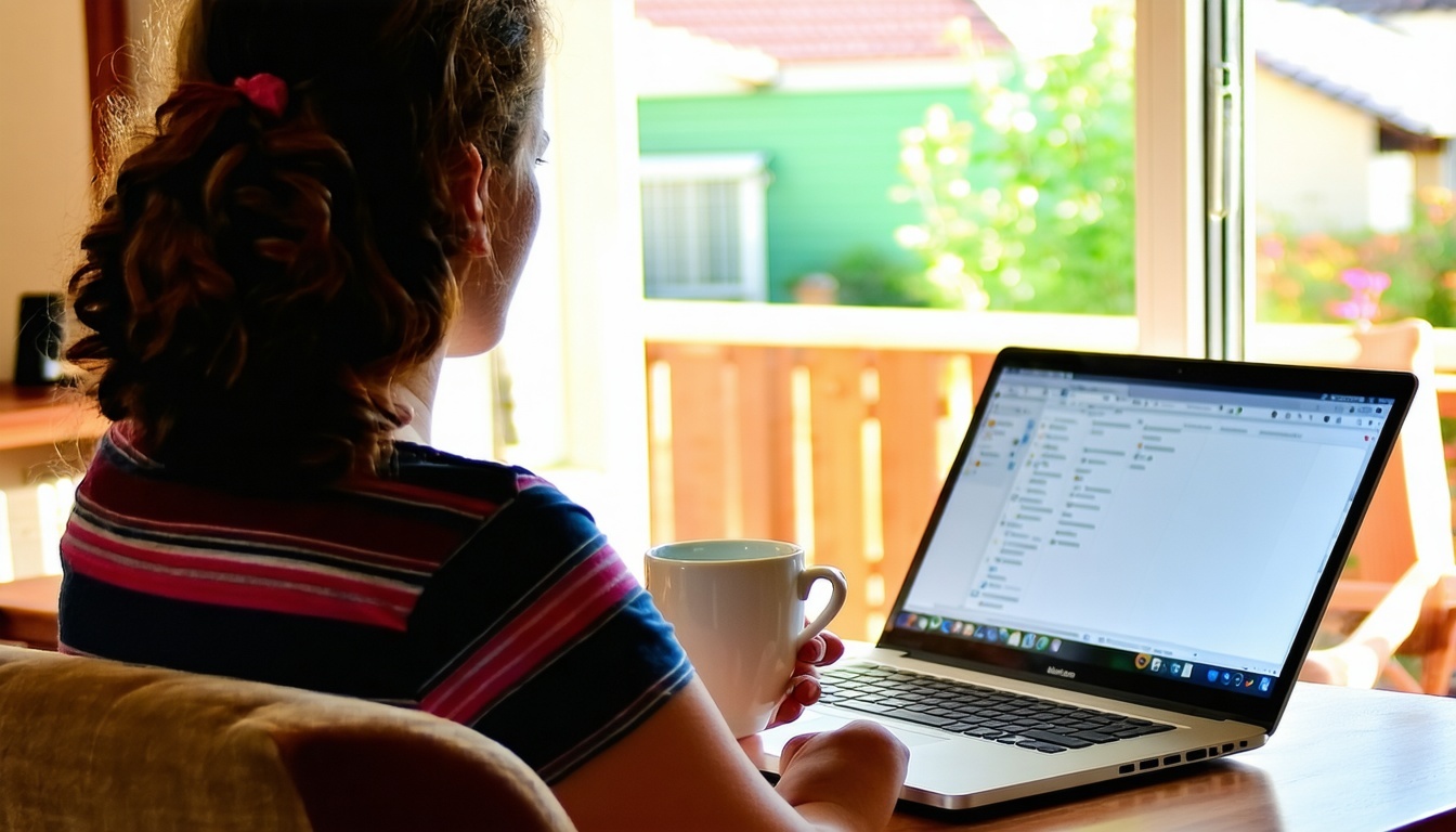 Mulher trabalhando em casa com notebook e café