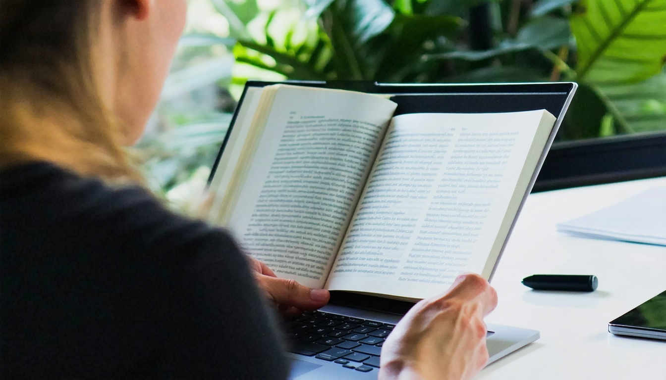 Empreendedor aplicando técnicas de ebook em notebook